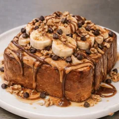 French Toast — Burro Di Arachidi, Banana, Crema Al Gianduia, Noci E Gocce Di Fondente