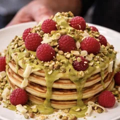 Pancake — Cioccolato Bianco, Crema E Granella Di Pistacchio, Lamponi Freschi